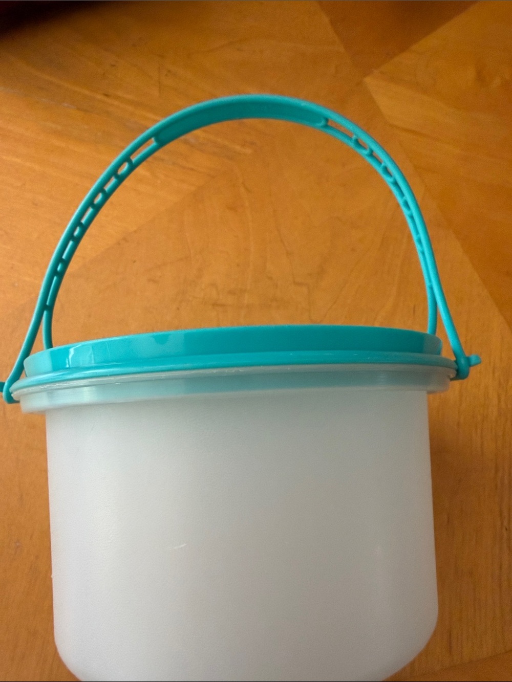 White Storage Bucket with Teal Handle and Lid